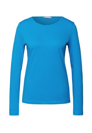 Langarm-T-Shirt in leuchtendem Blau, aus weichem Stoff mit rundem Halsausschnitt und taillierter Form. Glatte Textur, keine Muster oder Akzente.