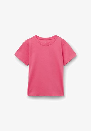 Maglietta corta rosa in cotone con scollo rotondo e maniche corte, mostrata su uno sfondo bianco.