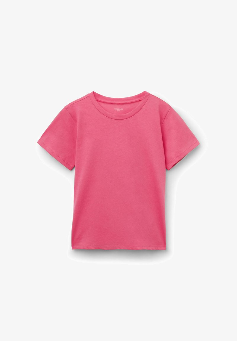 Court T-shirt en coton rose avec un col rond et des manches courtes, présenté sur un fond blanc.