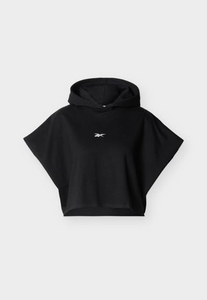 Black short-sleeve hoodie with wide arm openings and small white Reebok logo centered on the chest.