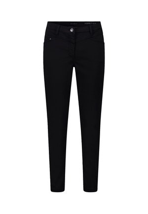 Sorte slim-fit jeans med en glat tekstur, lynlås og knaplukning. Har forlommer og et minimalistisk design med diskrete syninger.