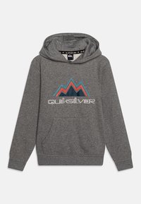 Grauer Kapuzenpullover mit vorderer Kängurutasche, mit einem mehrfarbigen Bergdesign und dem "Quiksilver"-Logo auf der Brust.