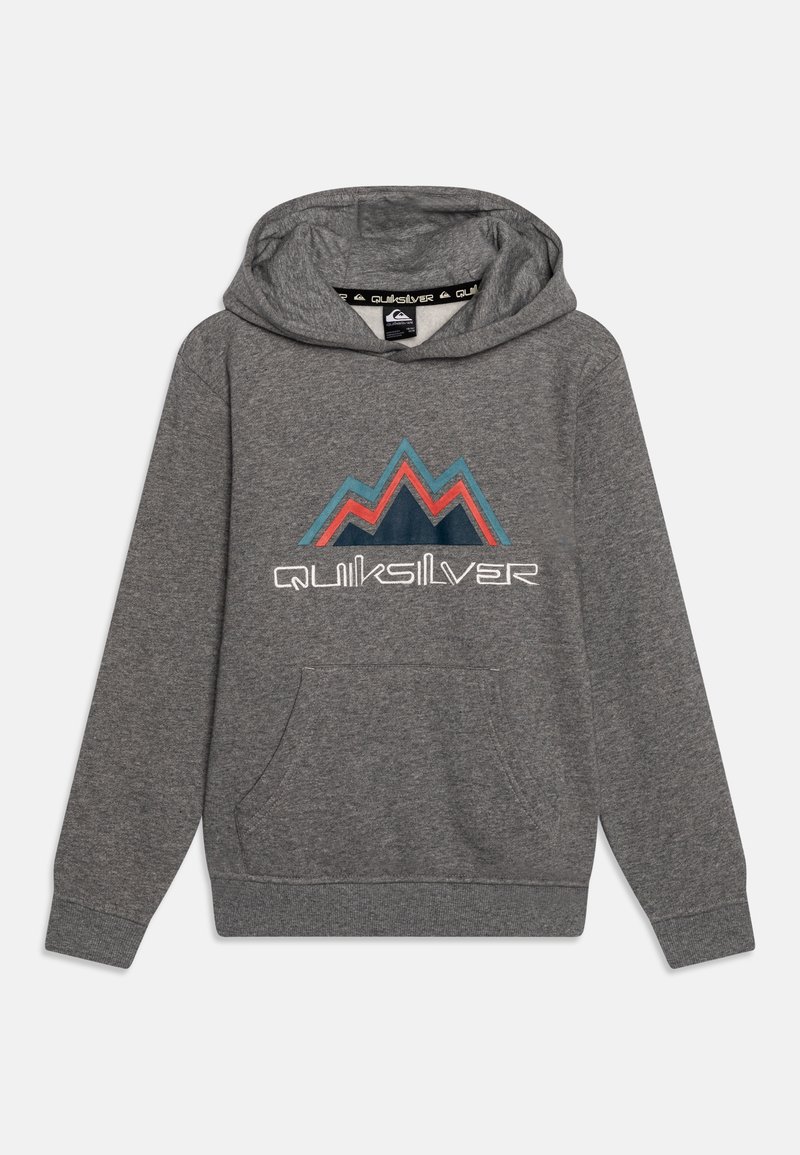 Grauer Kapuzenpullover mit vorderer Kängurutasche, mit einem mehrfarbigen Bergdesign und dem "Quiksilver"-Logo auf der Brust.