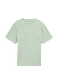 Ljusgrön t-shirt med kort ärm i mjukt tyg, med ett subtilt bladmönster över ytan. Rund halsringning.