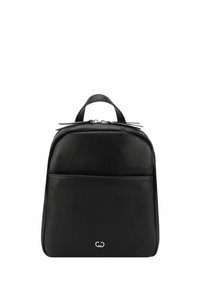 Black leather backpack with a textured surface, featuring a front zip pocket and minimalistic silver hardware. Top handle for easy carrying.