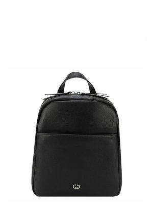 Black leather backpack with a textured surface, featuring a front zip pocket and minimalistic silver hardware. Top handle for easy carrying.