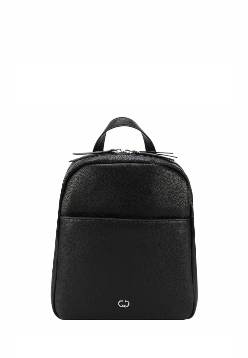 Black leather backpack with a textured surface, featuring a front zip pocket and minimalistic silver hardware. Top handle for easy carrying.