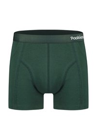 Boxer-briefs verts foncés en tissu doux, avec une taille élastique noire arborant le logo "Pockies" et des coutures contrastantes pour la structure.