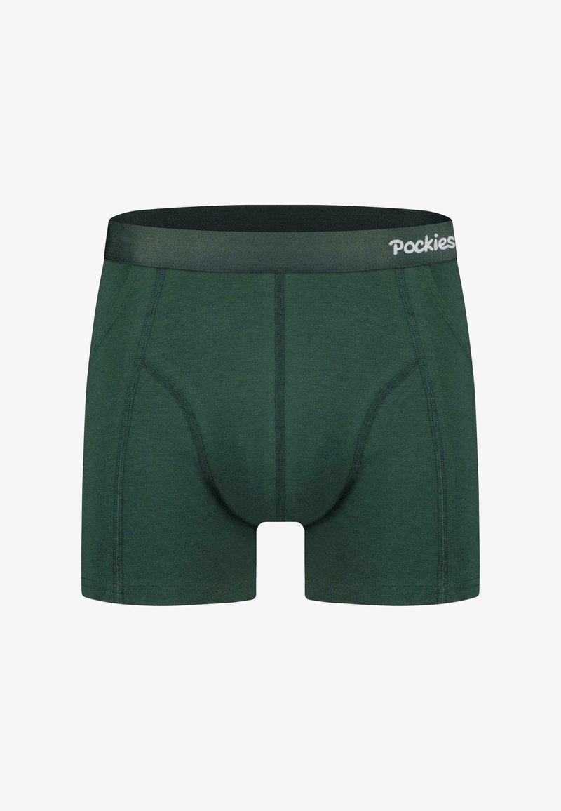 Sötétzöld boxer alsónadrág puha anyagból, fekete rugalmas derékkal, amelyen a "Pockies" logó található, és kontrasztos varrásokkal a struktúra érdekében.