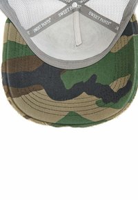Casquette de baseball à motif camouflage avec un design vert, marron et beige ; la visière est légèrement effilochée ; dos en maille avec une bande intérieure grise.