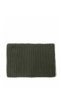 Knit headband in dark green, featuring a ribbed texture. Designed for warmth, it has a soft, stretchy fabric that conforms closely.