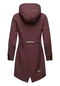 Maroon waterproof coat with a hood, elongated back, zippered accent, elastic cuffs, and logo patch on the lower hem. Sleek, modern design.