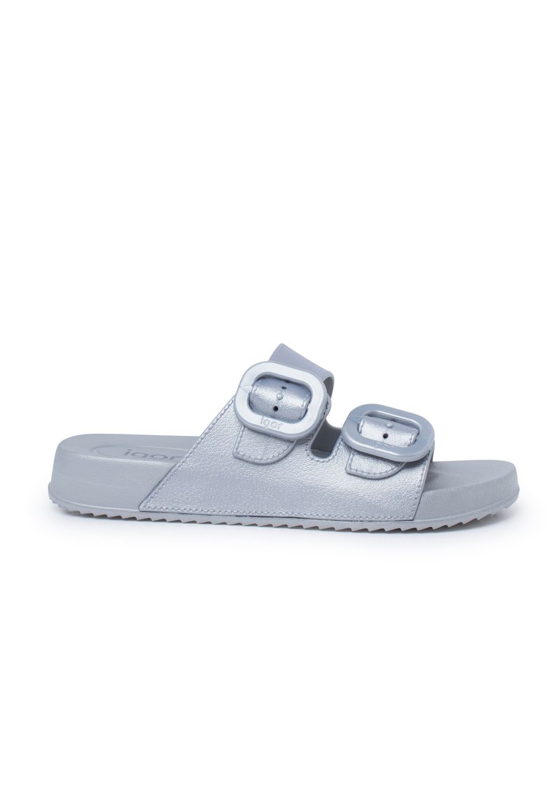 Grey slide sandals with two adjustable buckle straps, made of textured synthetic material, featuring a flat sole and zigzag tread pattern.