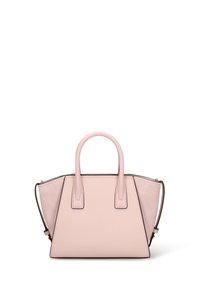 Borsa strutturata in morbida pelle rosa con due manici superiori, lati angolari e dettagli in texture a contrasto. Dettaglio in metallo dorato alla cerniera.