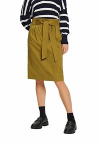 Jupe olive longueur genou avec ceinture nouée à l'avant, portée avec des mocassins noirs, des chaussettes noires et un pull rayé bleu marine et blanc.