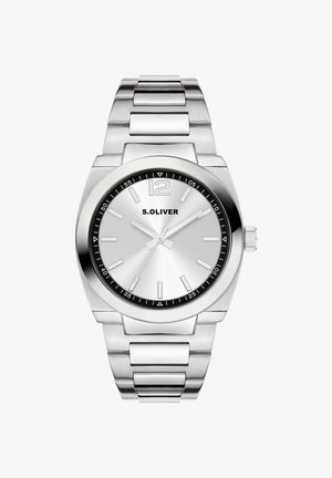 Silver stainless steel watch with a round face. Black bezel, silver dial, contrasting hour markers, and three hands. Features include a brand logo and a date display.