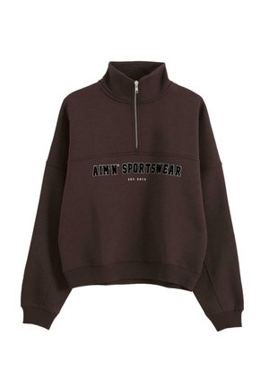 Dark brown half-zip sweatshirt with high collar, ribbed cuffs and hem, and "AIM'N SPORTSWEAR EST. 2013" printed on the chest.