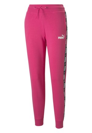Pantalon de survêtement rose Puma avec taille à cordon, poignets côtelés et bandes latérales noires présentant des logos Puma répétés.