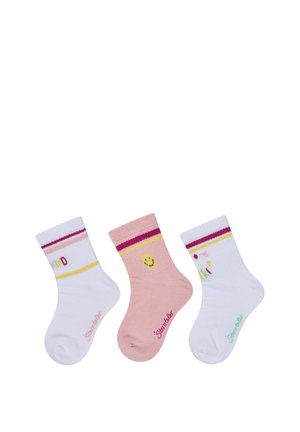 Three ankle socks: white with "Be Kind" text, pink with smiling face, white with colorful hearts and text, each with stripes near the cuff.
