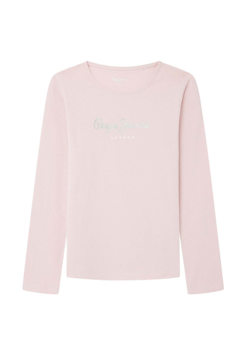 Hele roosa pikkade varrukatega T-shirt pehmest puuvillast. Keskel on hõbedase sära tekst "Pepe Jeans London". Ümar kaelus.