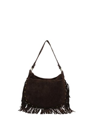 Sac à épaule en daim marron foncé avec bordure à franges sur le bas et les côtés, et une sangle réglable avec clous en laiton.