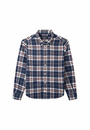 Camicia a maniche lunghe con bottoni, in motivo a quadri blu navy, bianco e bordeaux. Presenta un colletto a punta e un dettaglio con logo sul petto.