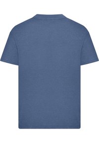 Blå bomullströja med korta ärmar, rundad halsringning och en jämn yta. Baksidan är enfärgad utan mönster eller dekorationer.