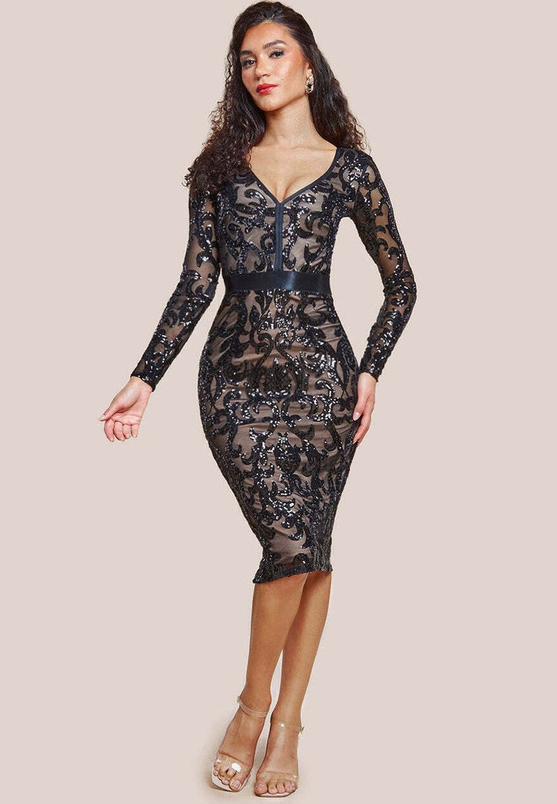 Goddiva EMBROIDERED SEQUIN BODYCON MIDI - Cocktailjurk - black