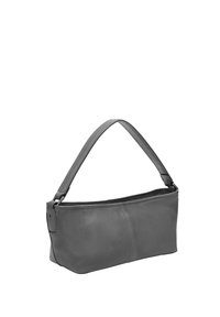 Sac à main en cuir gris avec une texture lisse, une large ouverture et une seule sangle réglable. Présente des détails de coutures subtils.