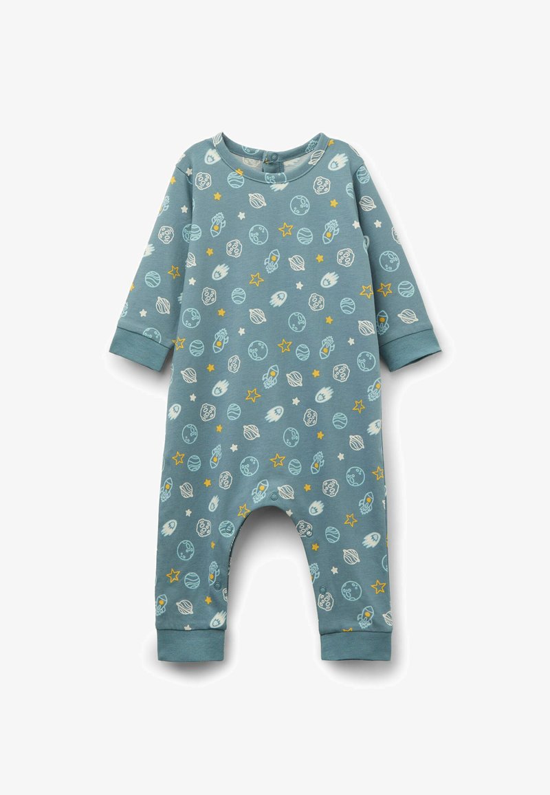 Body bébé bleu à manches longues avec imprimé sur le thème de l'espace comprenant des planètes, des fusées, des comètes et des étoiles en tons blancs et jaunes.