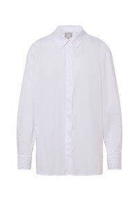 White long-sleeve shirt with a classic collar, featuring a button-up front and eyelet detailing on the cuffs, made from lightweight fabric.