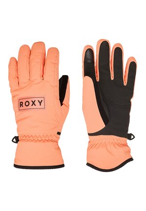 Pair of peach and black insulated gloves with elastic wrists, one showing palm side with touch screen fingertips and the other back with ROXY logo.