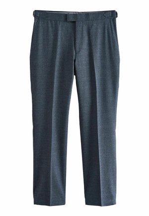 Pantalones oscuros de gran calidad con un diseño de pierna recta, textura sutil, pliegues prensados y trabillas en la cintura para un ajuste adaptable.