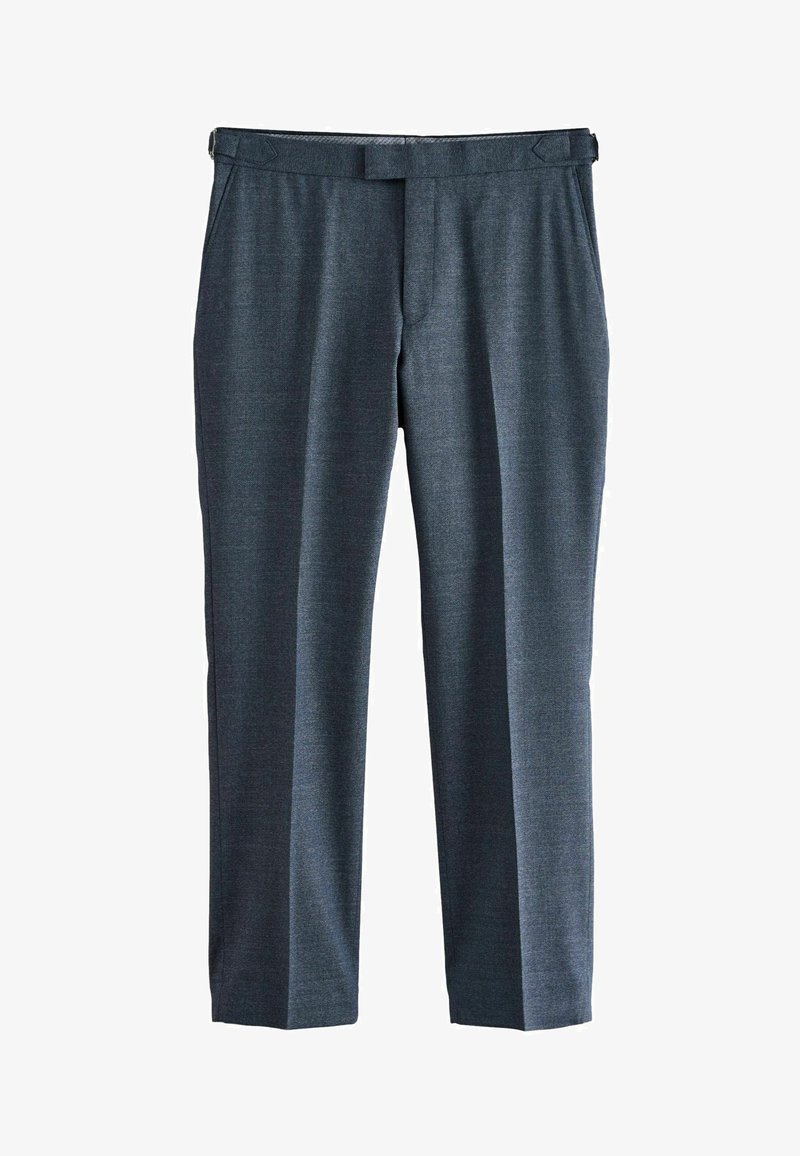 Dark gray tailored trousers with a straight leg design, subtle texture, pressed creases, and belt loops at the waist for adjustable fit.
