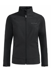 Giacca softshell nera con collo alto, chiusura frontale con zip e due tasche laterali. Presenta un design aerodinamico e polsini elastici.