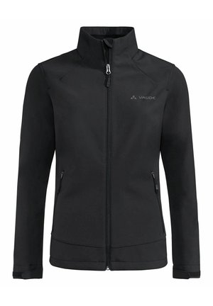 Zwarte softshell jack met een hoge kraag, voorrits en twee zijzakken. Heeft een gestroomlijnd ontwerp en elastische manchetten.