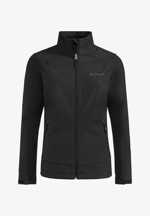 Giacca softshell nera con collo alto, chiusura frontale con zip e due tasche laterali. Presenta un design aerodinamico e polsini elastici.