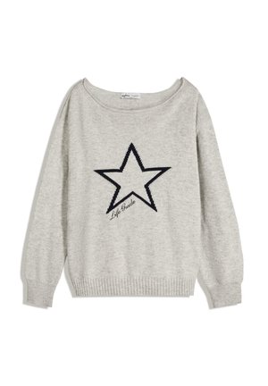 Lys grå sweater med en bred halsudskæring, ribbet kant og lange ærmer. Har et blåt stjernedesign med teksten "Life Guide" nedenunder.