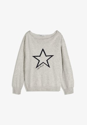 Pull léger gris clair avec un large col, bord-côte en bas et manches longues. Présente un motif d'étoile marine avec le texte "Life Guide" en dessous.