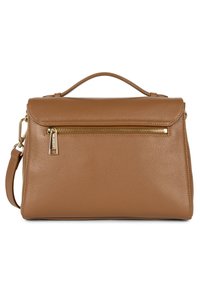 Braune Lederhandtasche mit einem strukturierten Design, goldenen Beschlägen, einem oberen Griff und einer Reißverschlusstasche an der Vorderseite. Glatte Textur mit einer genarbten Oberfläche.