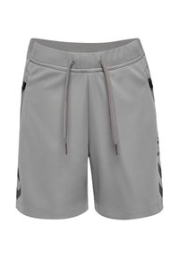 Grå atletiska shorts tillverkade av lättviktsmaterial, med elastiskt midjeband och dragsko, sidofickor och svarta sidodetaljer.