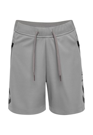 Grijze sportshorts van lichtgewicht materiaal, met een elastische tailleband met koord, zijzakken en zwarte accenten aan de zijkanten.