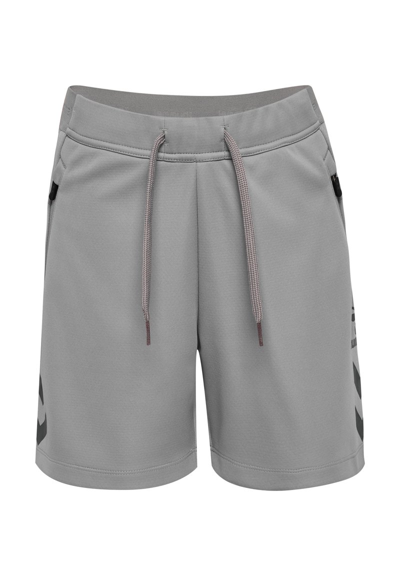 Grå atletiska shorts tillverkade av lättviktsmaterial, med elastiskt midjeband och dragsko, sidofickor och svarta sidodetaljer.