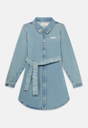 Light blue denim shirt dress with a collar, long sleeves, front buttons, and a matching belt at the waist. Features a brand label on the chest.