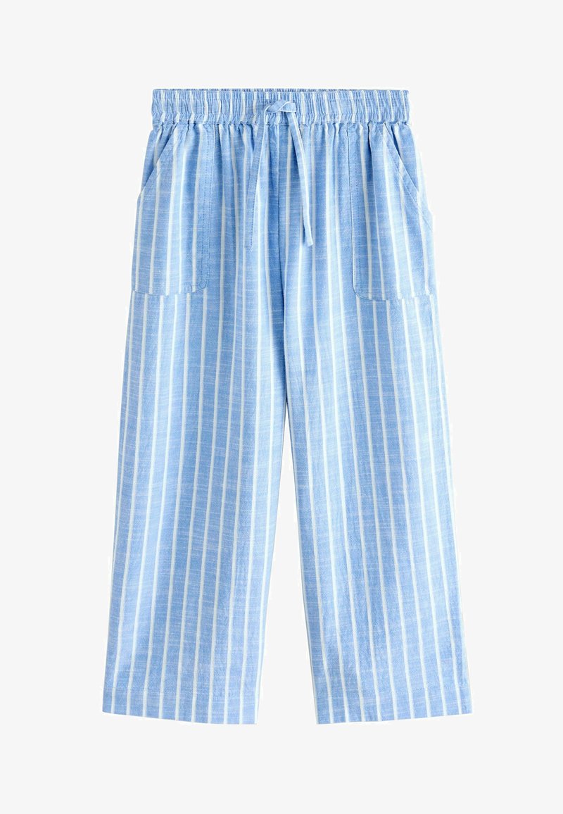 Pantalon bleu clair à rayures blanches verticales, taille élastique avec cordon de serrage et deux poches plaquées à l'avant.