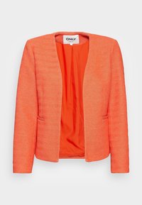 Blazer orange texturé à coupe droite, à ouverture frontale et deux poches latérales. Doublé d'un tissu orange uni.