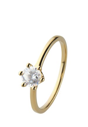 Goldener Solitärring mit einem rund facettierten Diamanten, gehalten von sechs Krappen, auf einem glatten, polierten Ring vor weißem Hintergrund.