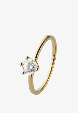Goldener Solitärring mit einem rund facettierten Diamanten, gehalten von sechs Krappen, auf einem glatten, polierten Ring vor weißem Hintergrund.