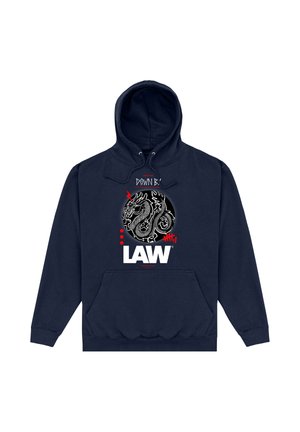 Granatowa bluza z kapturem z grafiką smoka w czarnym kółku, czerwone akcenty, biały napis "LAW", przednia kieszeń i kaptur ze ściągaczem.
