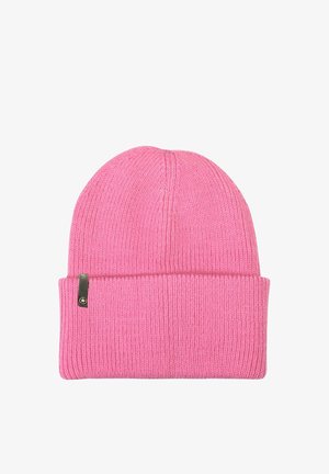 Pink knitted beanie made from soft material, featuring a folded cuff and subtle textured ribbed pattern. Small metallic logo tag included.
